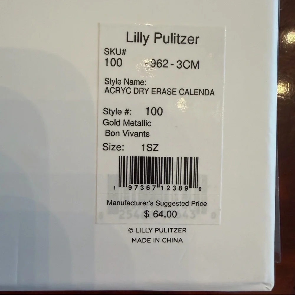 NWT Lilly Pulitzer Acrylic Dry Erase Calendar - Gold Metallic Bon Vivants